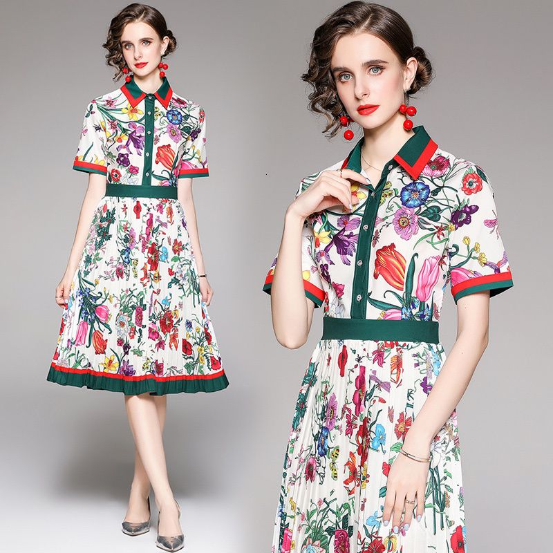 Casual dress runway flower dress summer dress shirt women's button letter print Sicily short sleeved Bohemian beach dress