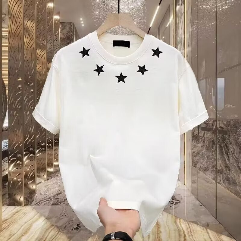 Summer fashion brand pentagonal star embroidered flower short plus size men's and women's clothing, couple half sleeved T-shirt, cotton