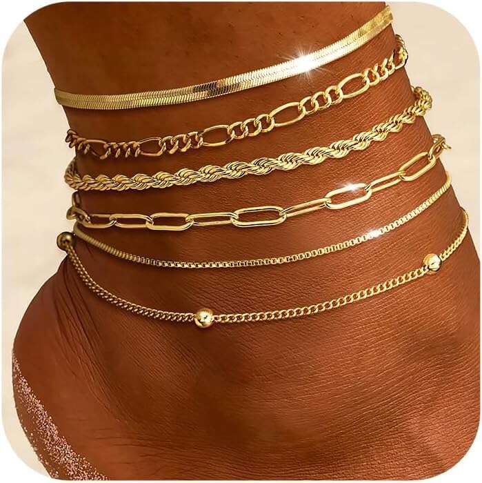 14K Plated Layered Cuban k Chain Waterproof - Dainty Ankle Bracelets for Women Non Tarnish Gold Jewelry Cute Anklets Set Pack Summer Beach Gift