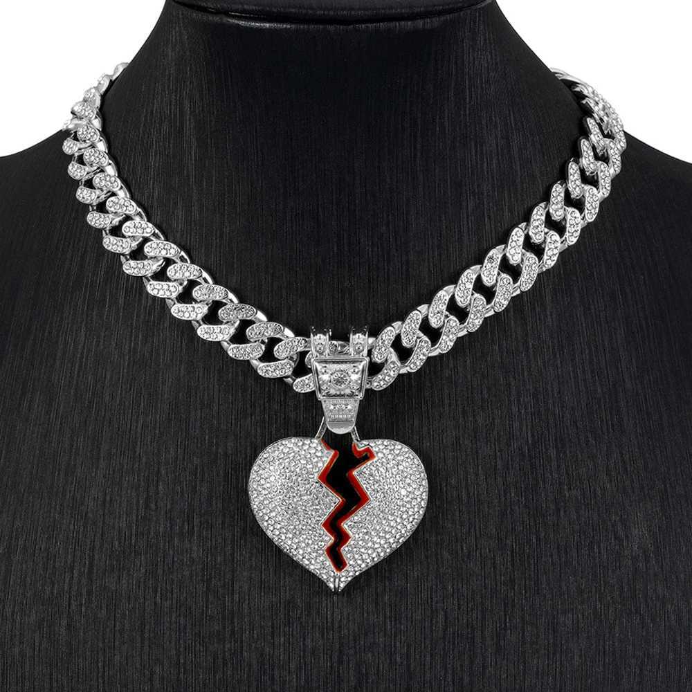 Mens Hip Hop Heart Pendant Necklace 13mm Miami Cuban Chain Hip Hop Ice Sparkling Heart Necklace Fashion Charm Jewelry Y250329