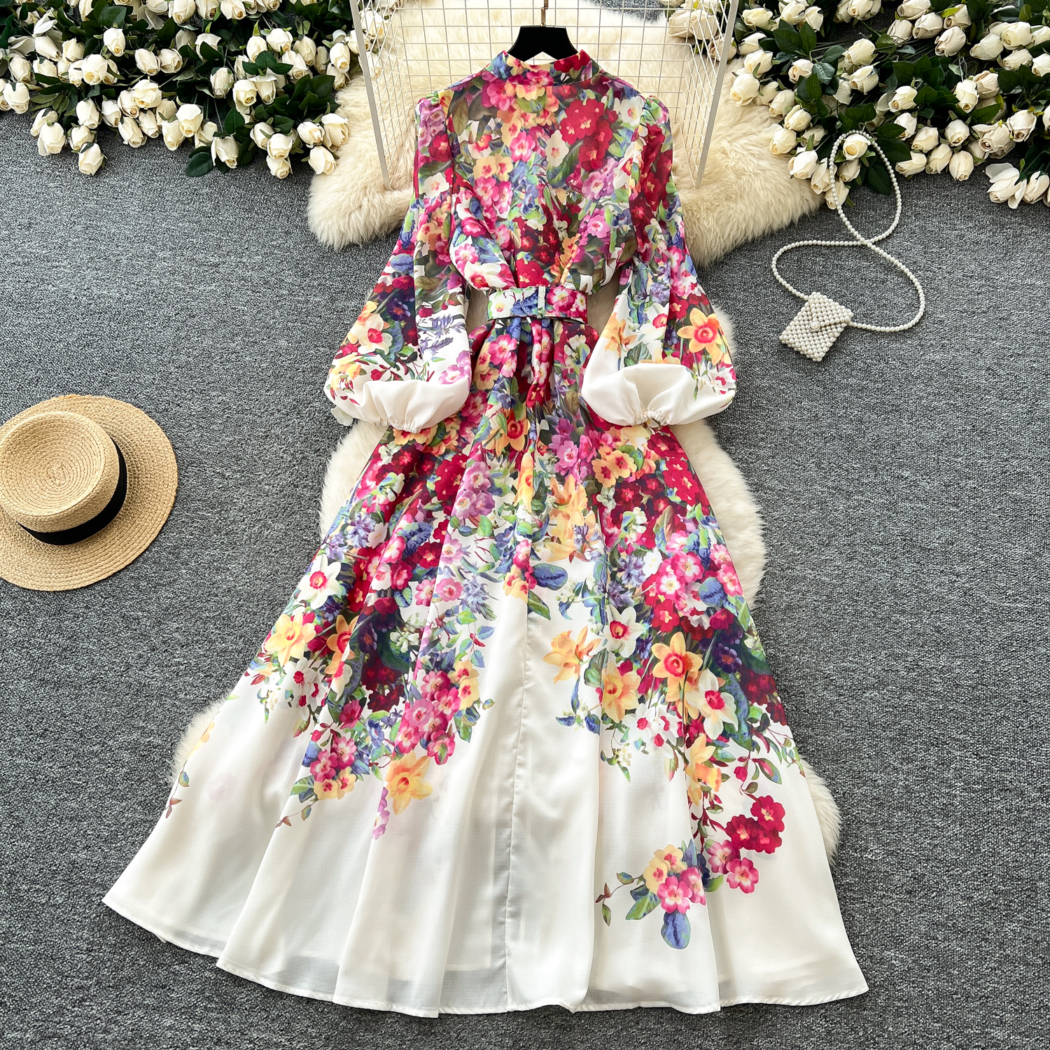 Basic Casual Dresses A Line 2025 Spring Summer Holiday Flower Dress Women's Stand Collar Long Lantern Sleeve Floral Print Belt Linen Clothes Robe