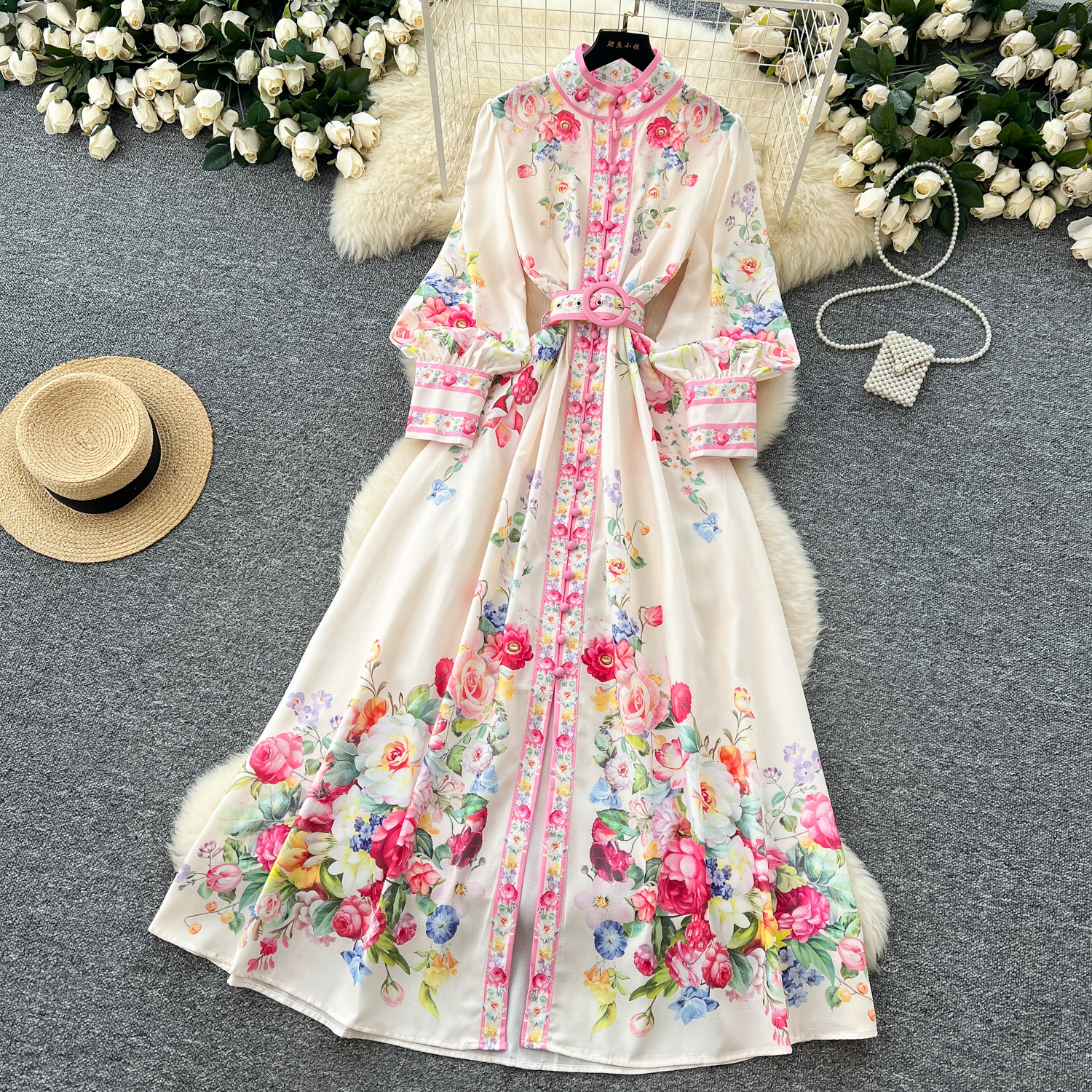 Basic Casual Dresses 2025 Spring Fashion Gorgeous Long Dress Women Clothing Stand Long Lantern Sleeve Floral Print Single Breasted Belt Maxi Vestidos