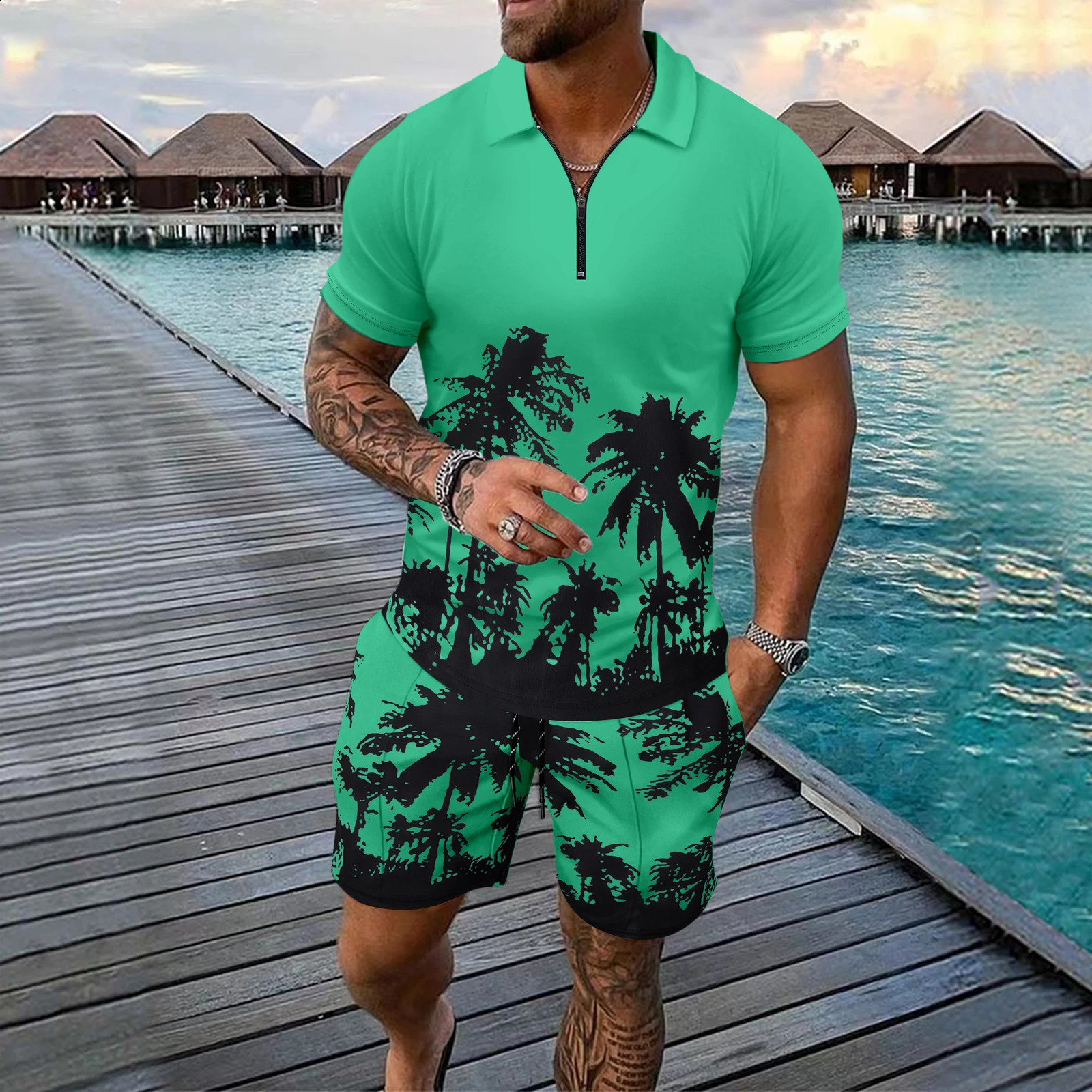 Hawaii 2piece 3D Coconut Tree Printed Zipper Polo Shirt Short Sleeves and Shorts Casual Fashion Mens 2PCS Sportswear y250324