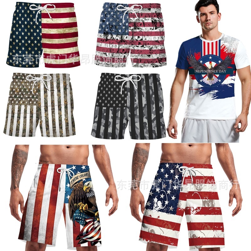 Quality Brand High Quality New Style Free Delivery Designer Bag Independence Day US Flag Digital Print Summer Men's Pants Loose Sports Beach Surf