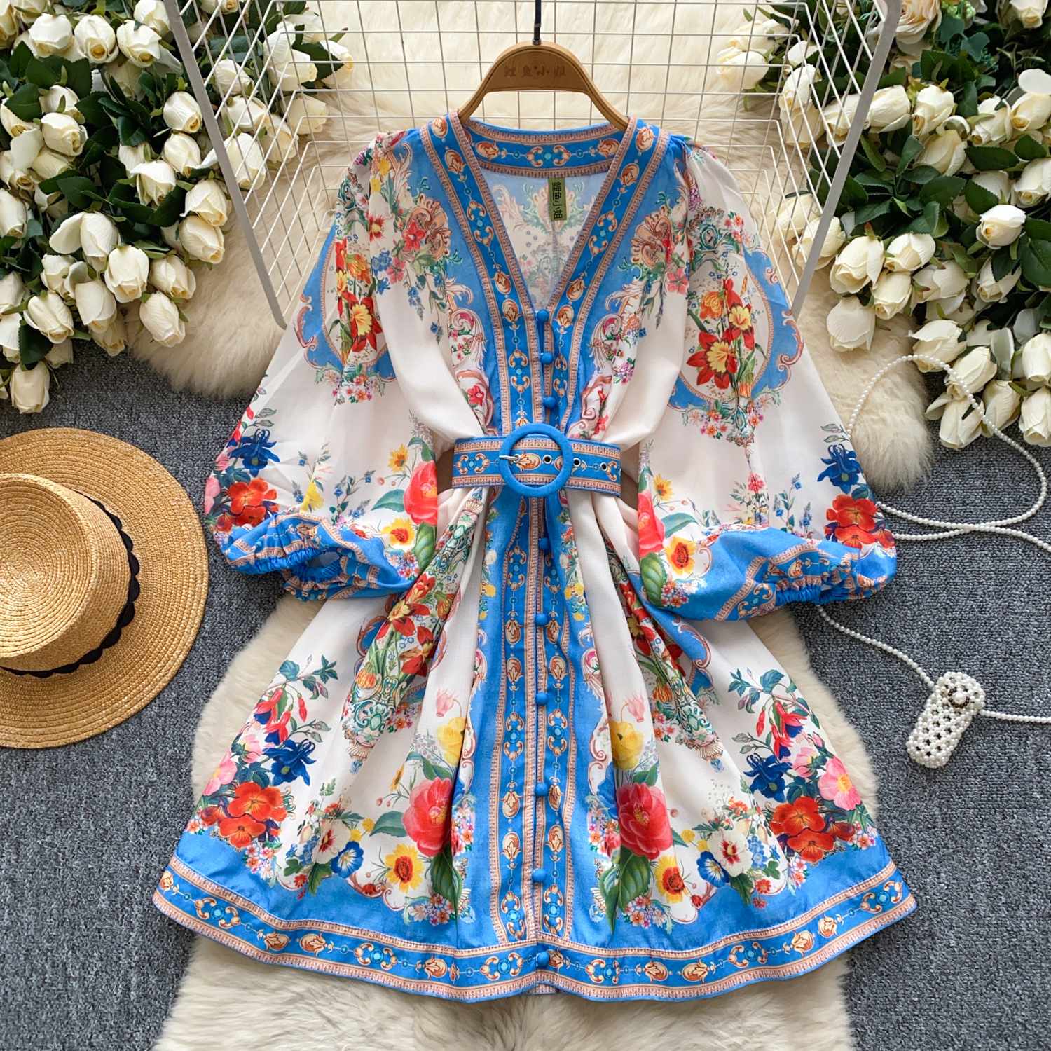 Casual Dresses Spring Summer Lantern Sleeve Floral Print Short Dress Women's V-Neck Single Breasted Belt Mini Party Vestidos Office Lady 2025