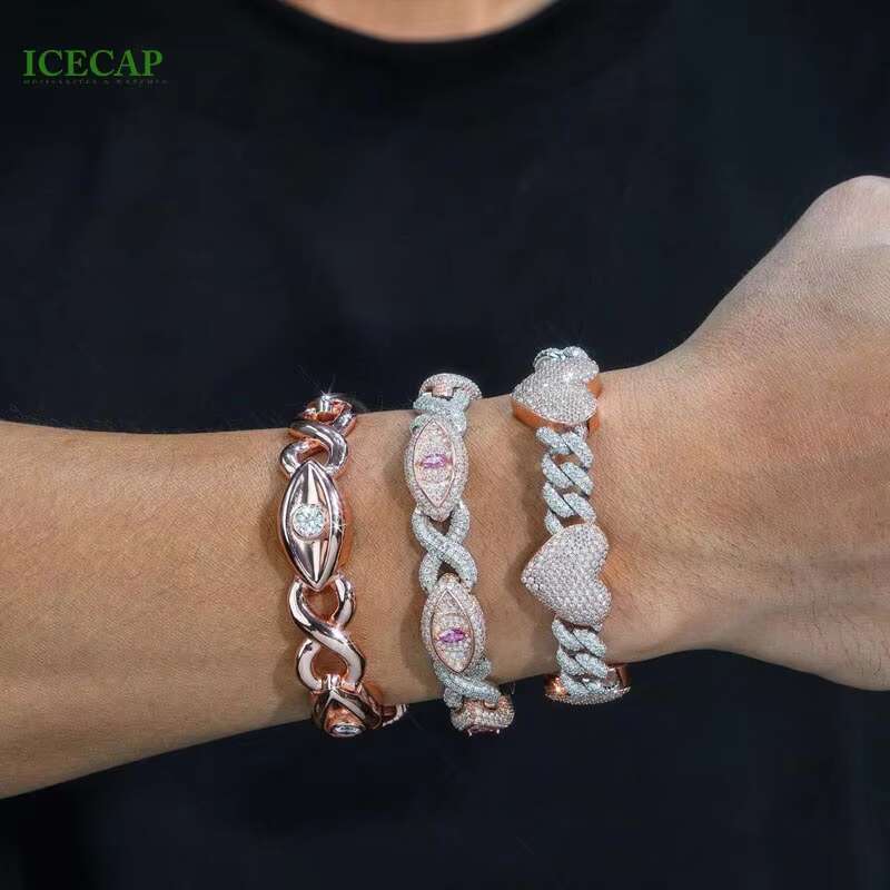Hot Men Cuban Bracelet Ice Hiphop VVS Moissanite Cuban Link Chain Rose Gold Sterling Silver Eyes Bracelet