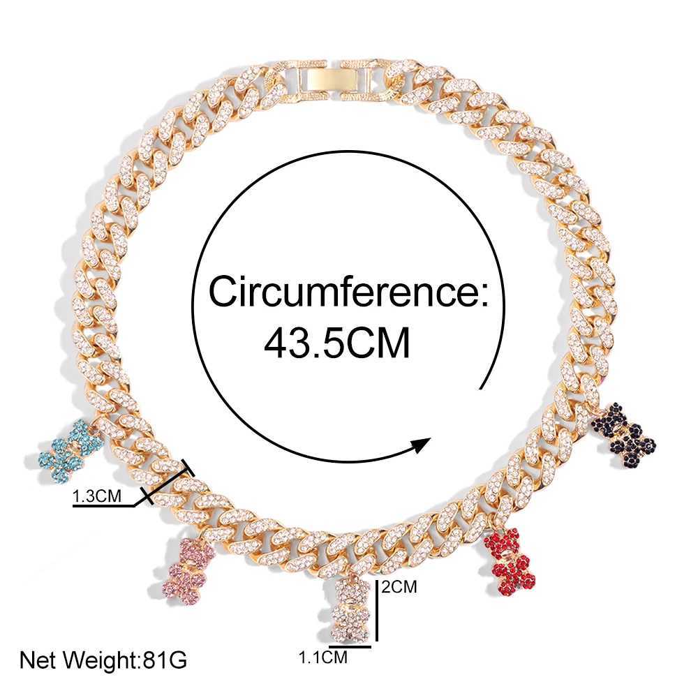 Hip Hop Personality Gold Color Cuban Link Chain Necklace Suitable for Women and Girls Ice Crystal Acrylic Bear Pendant Necklace Jewelry Y250329
