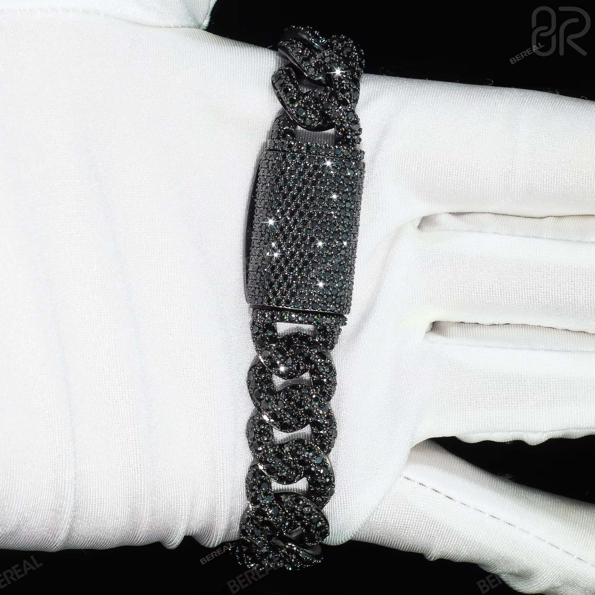 New Design 14MM Black Moissanite Cuban Chain Necklace High Quality Round Brilliant Cut Diamond 925 Silver Link Bracelet