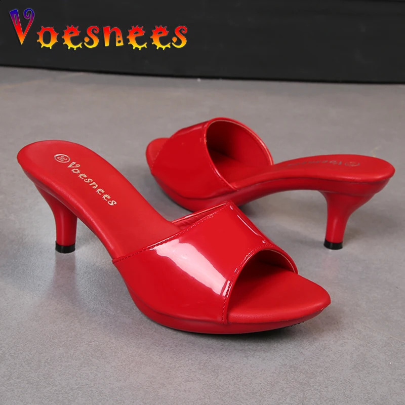 Women Slippers Mule Clear Heels Patent Leather Slippers Sandals Sexy Crystal Heels Pointed Toe Slides Party Shoes Woman 250328