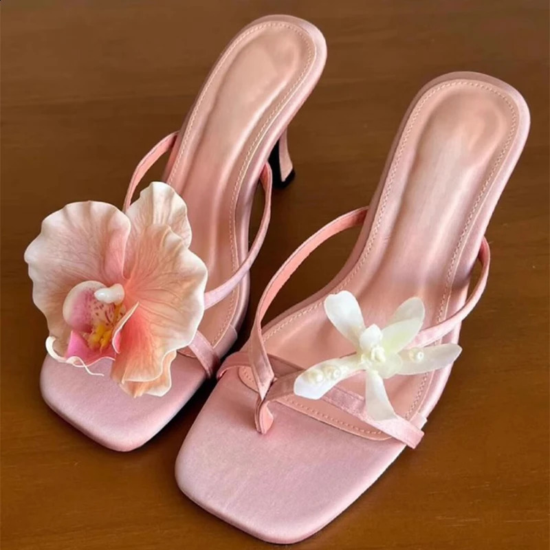 Sweet Flower Women Sandal Green Handmade Asymmetrical Satin Leather Stiletto Half-slip High Heels Summer Flip Flops 250328
