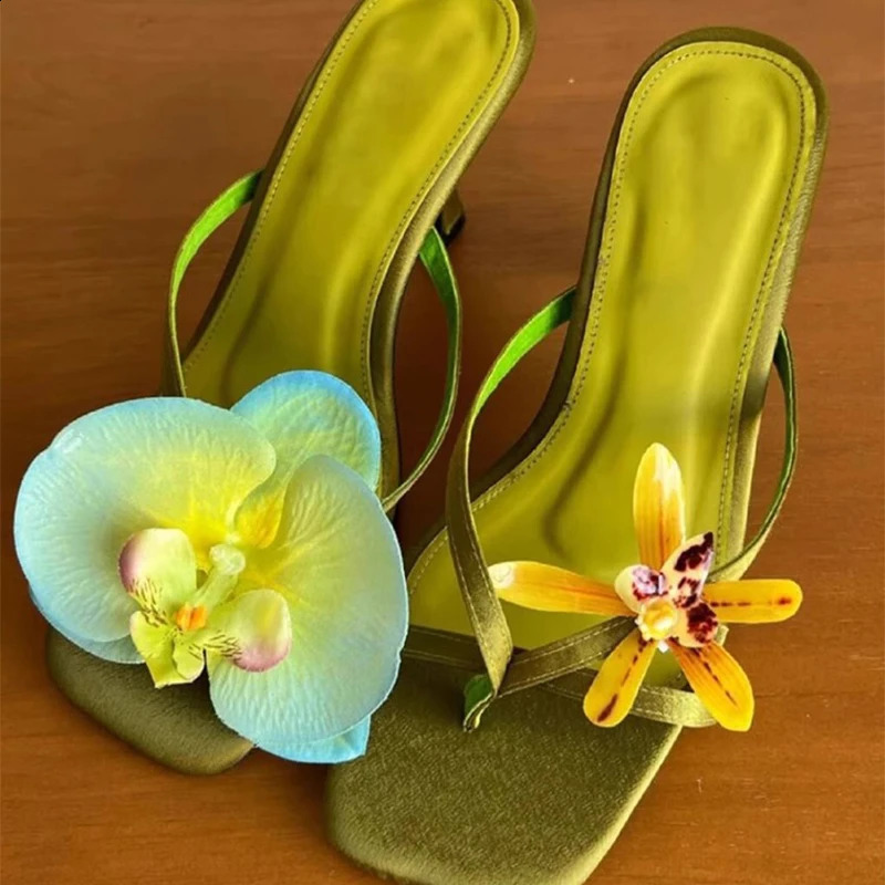 Sweet Flower Women Sandal Green Handmade Asymmetrical Satin Leather Stiletto Half-slip High Heels Summer Flip Flops 250328