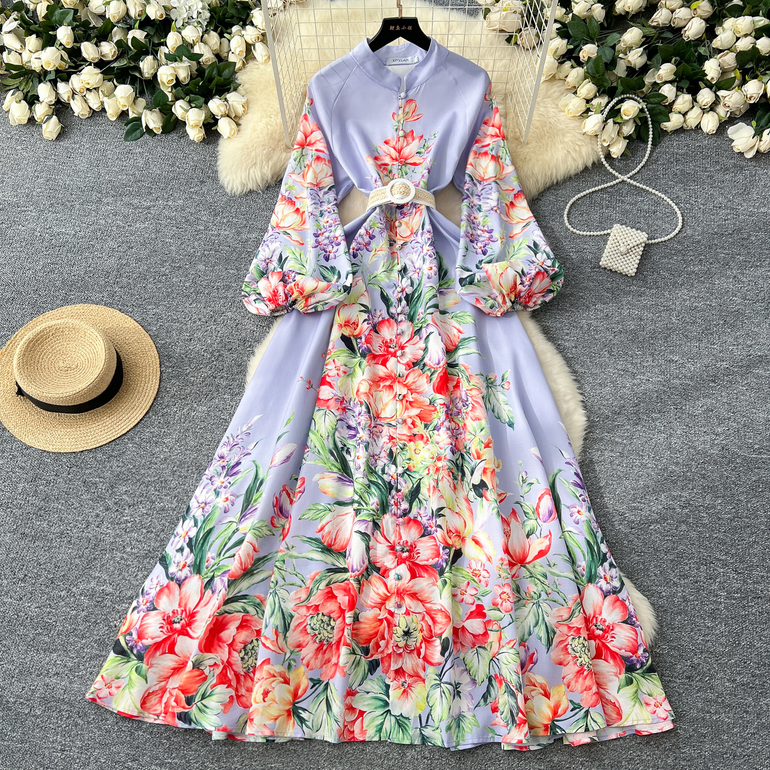 Casual Dresses 2025 Spring Summer Gorgeous Flower Linen Robe Maxi Dress Women Stand Long Lantern Sleeve Floral Print Belt Party Vestidos