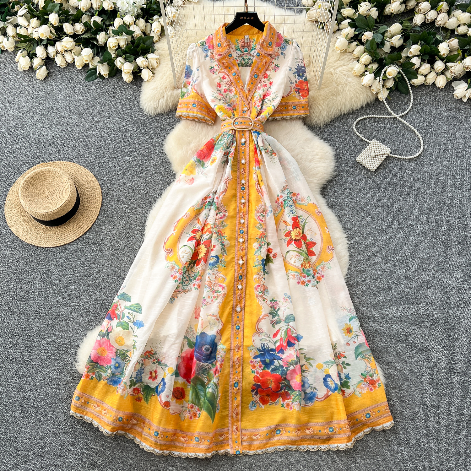 Spring Casual Dresses Summer Runway Lace Splicing Maxi Dress Womens Notched Short Sleeve Single Breasted Floral Print Belt Long Boho Party Vestidos 20