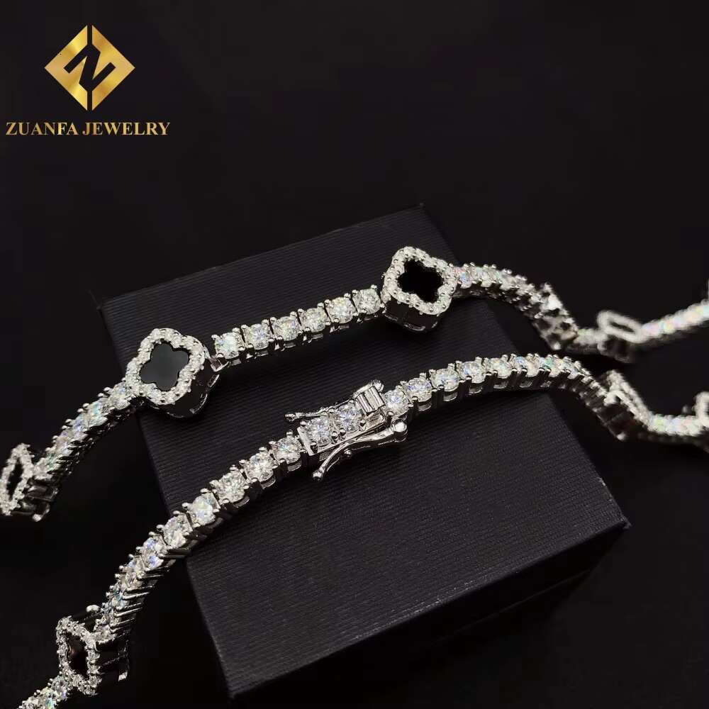Popular Black Four-leaf Clover Necklace VVS Moissanite 925 Silver Tennis Necklace Link Chain Elegant Jewelry Unisex