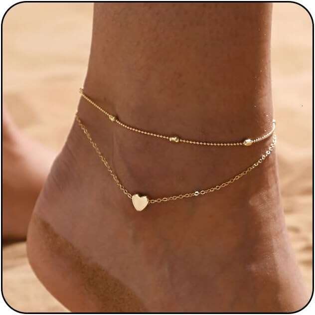 Women,14K Real Gold Plated Large Ankle Bracelets Waterproof Simple Dot Cute Heart Dainty Evil Eye Anklets Non Tarnish Summer Beach Jewelry Gift for Wo