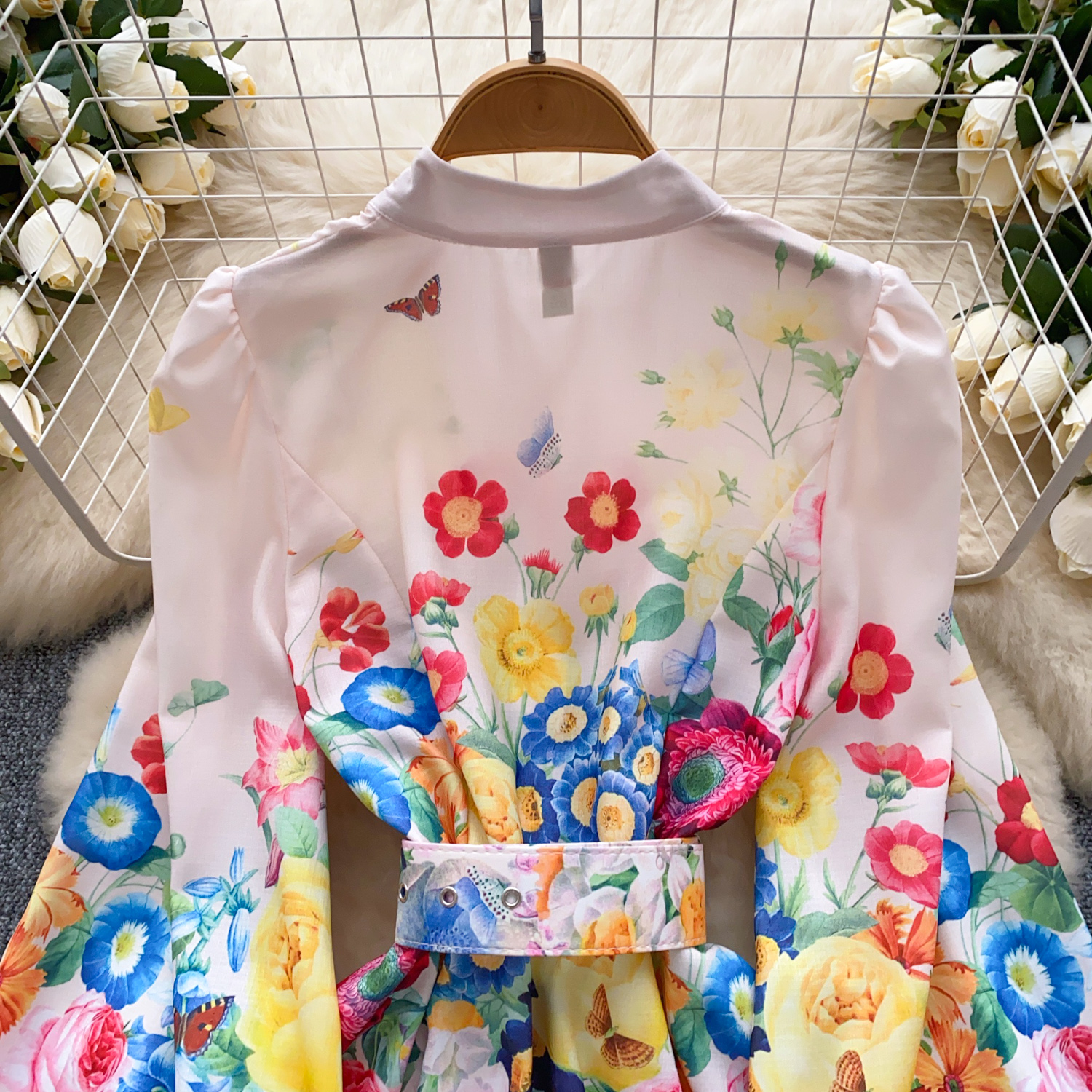 Casual Dresses Summer Gorgeous Flower Blooming Mini Dress Women's Stand Collar Puff Sleeve Buttons Floral Print Lace Up Belt Holiday Beach Vestid