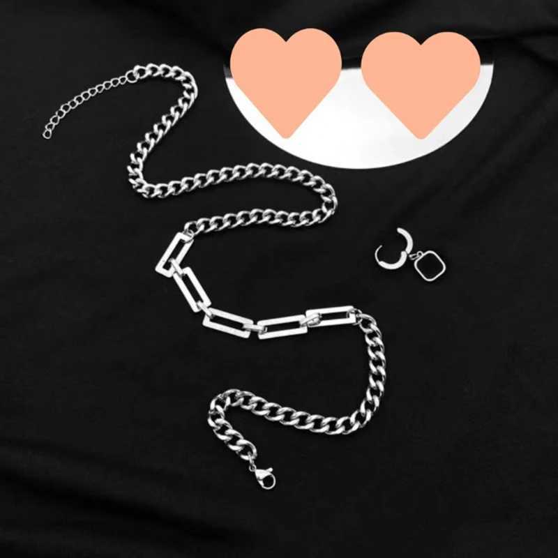 Creative Hip Hop Tide Brand Simple Black Square Earrings Pendant Necklace Mens Dual purpose Design Stainless Steel Stitching Necklace Y250329