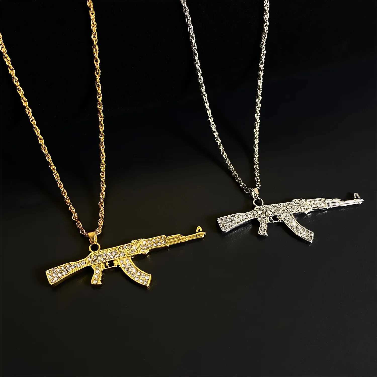 ZAKOL Hiphop Rock AK47 rifle and gun pendant necklace suitable for men women crystal metal Kravik chains suffocation parties daily jewelry gifts Y2503