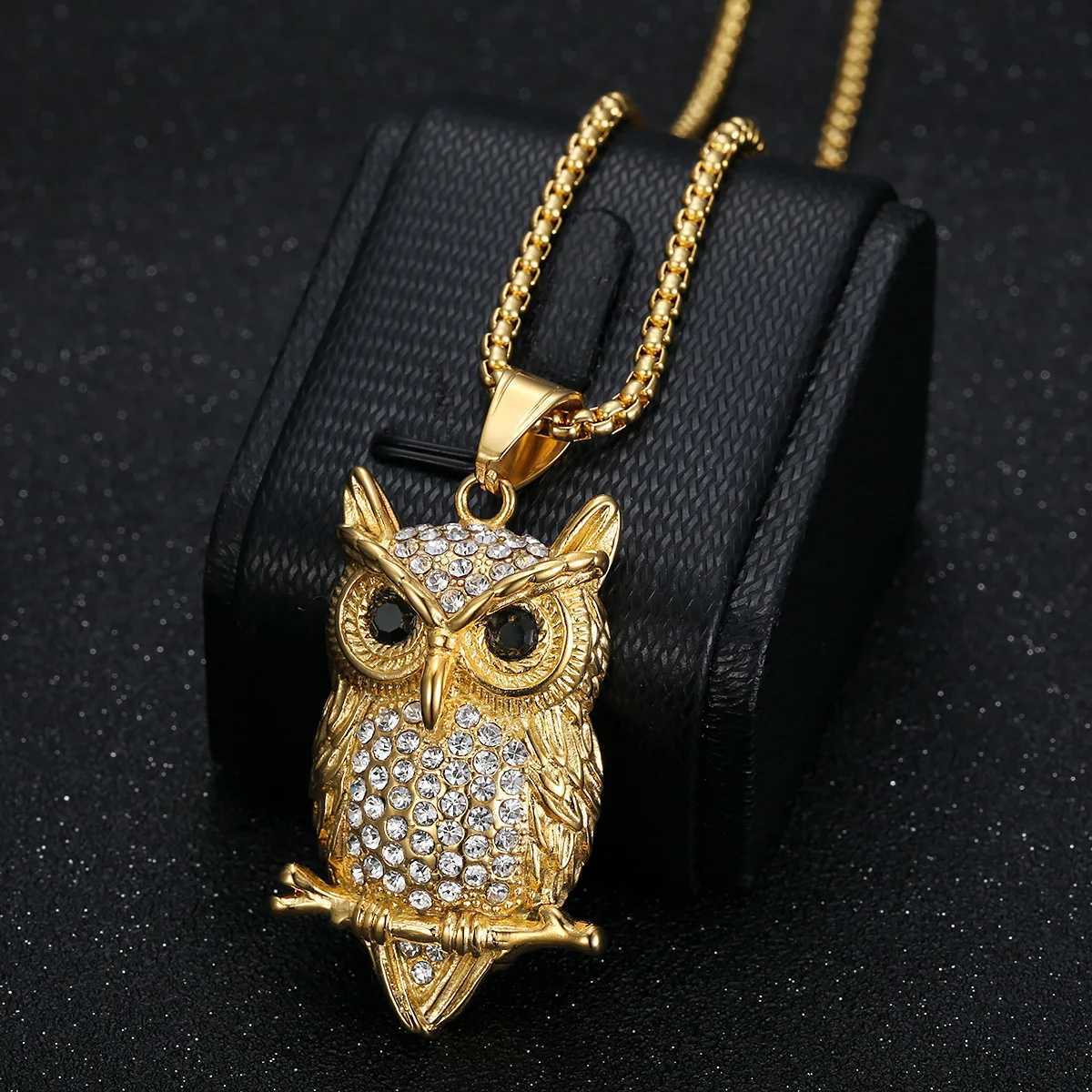 Fashion Stainl Steel Gold-plated Zircon Owl Pendant Necklace New HIPHOP Hip Hop Men Jewelry Gift AccoryC250329