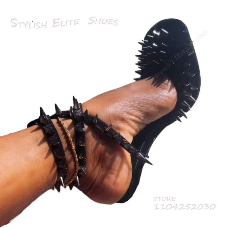 Round Toe Full Stiletto Strap Heel Black Women Rivet Ankle Wrap with Gold Stone Trim Cover Sandals Fringe Cool Girls Shoes