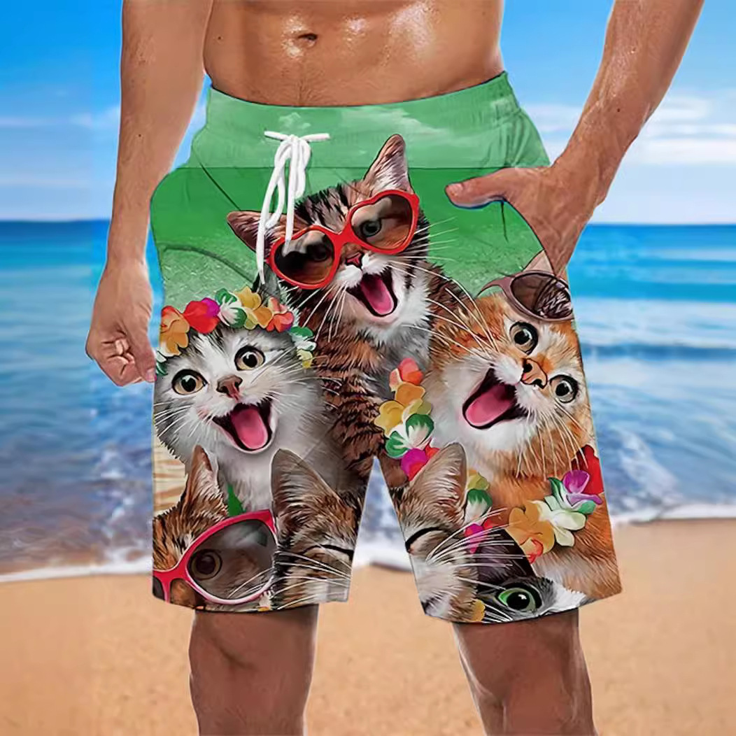 Top quality Brand High Quality New Style Free Delivery Designer Bag 2025 Men's Loose Summer Beach Surfing Pants 3D Printed Cat Trendy Shorts