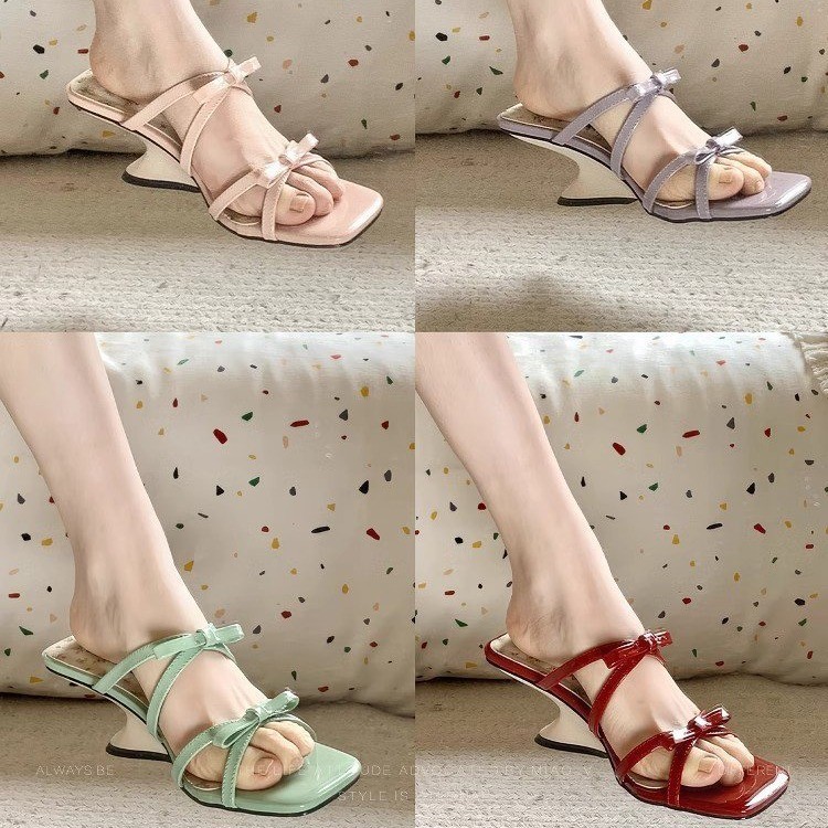 Designer Slippers High heeled sandals free Shipping Slope heel sandals Female bow shoes broken shoes 2025 HOT