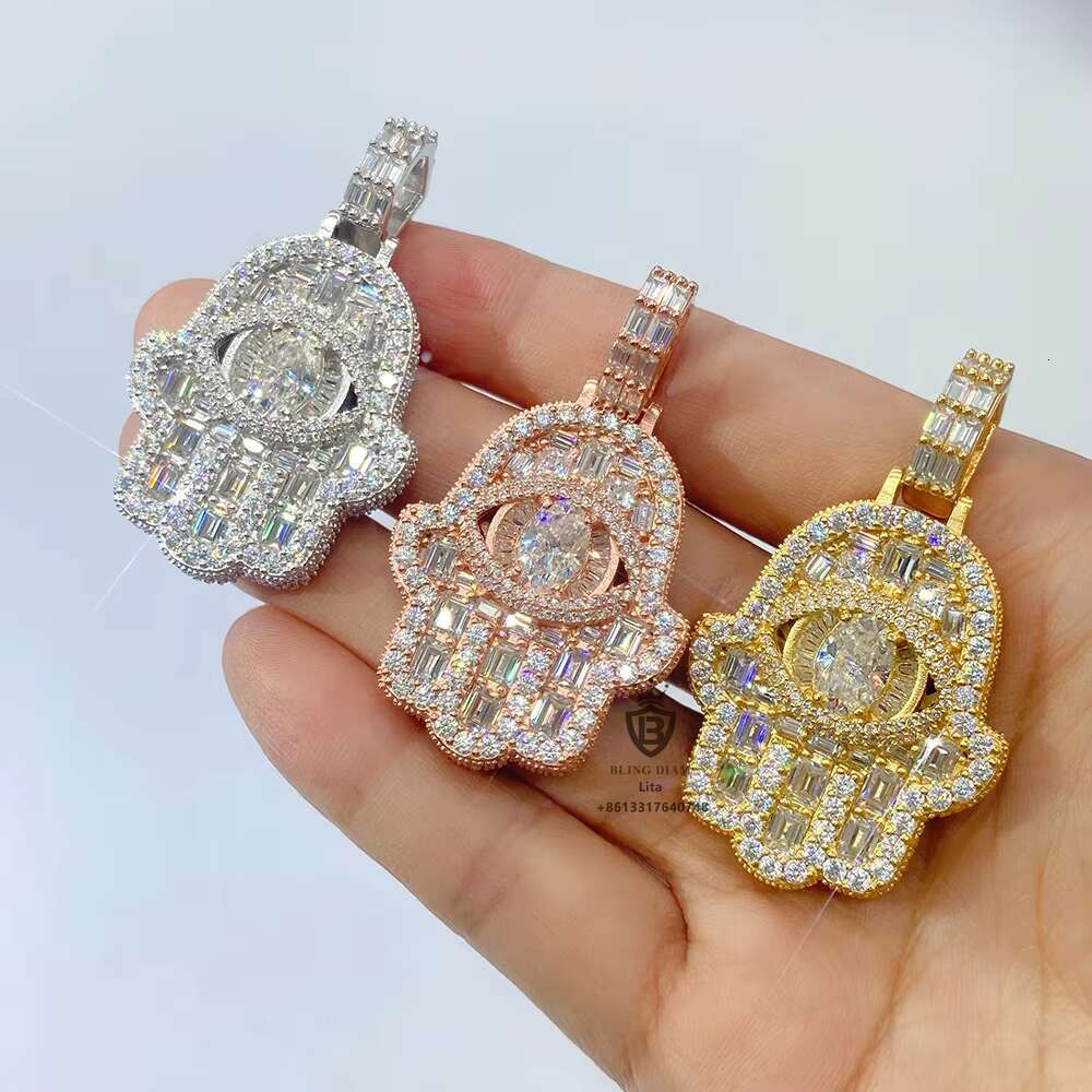 Fashion New Design Oval Eye Hamsa Hand Pendant Necklace Wholesale Custom Fancy Shape Vvs Moissanite Pendant