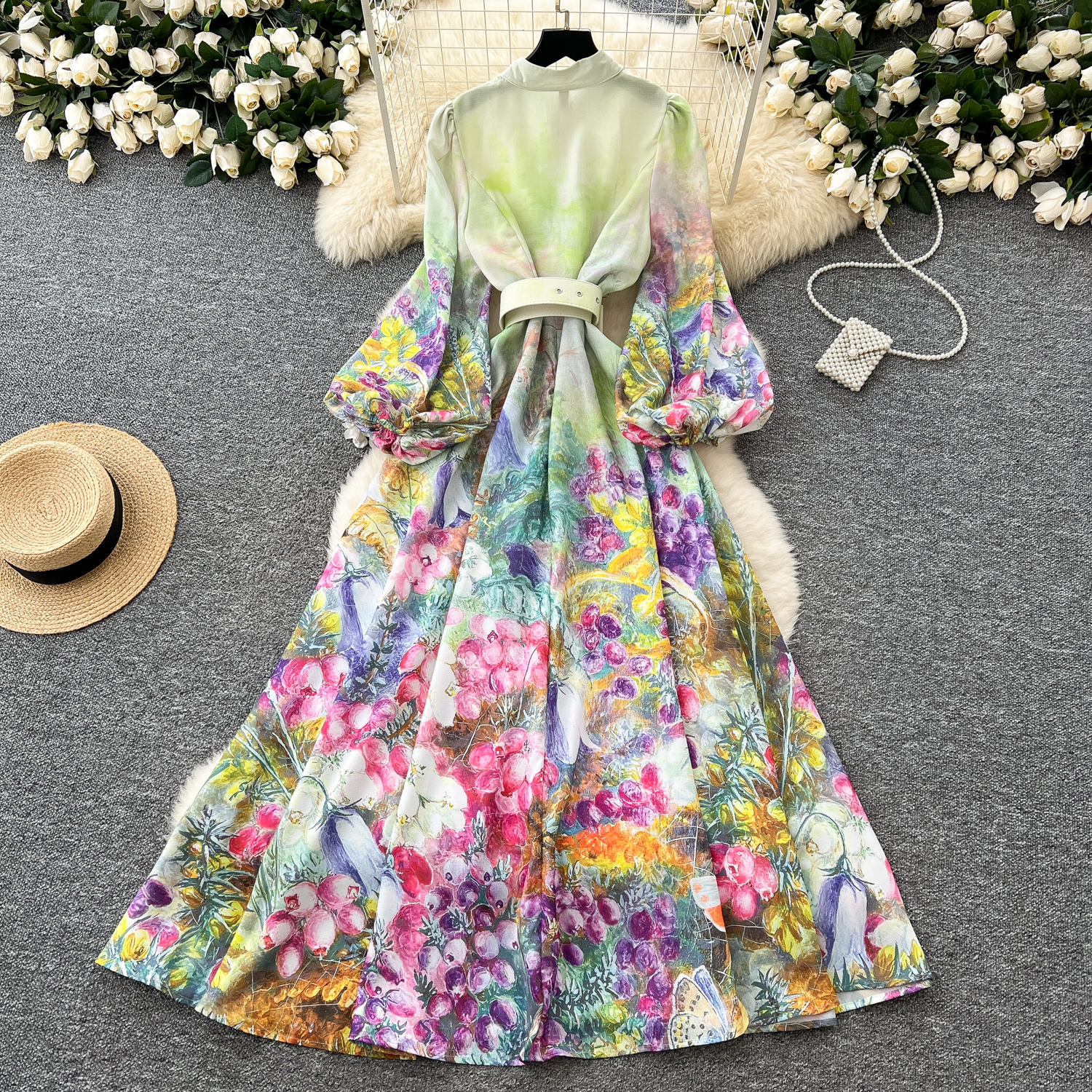 Basic Casual Dresses A Line 2025 Spring Summer Holiday Flower Dress Women's Stand Collar Long Lantern Sleeve Floral Print Belt Linen Clothes Robe
