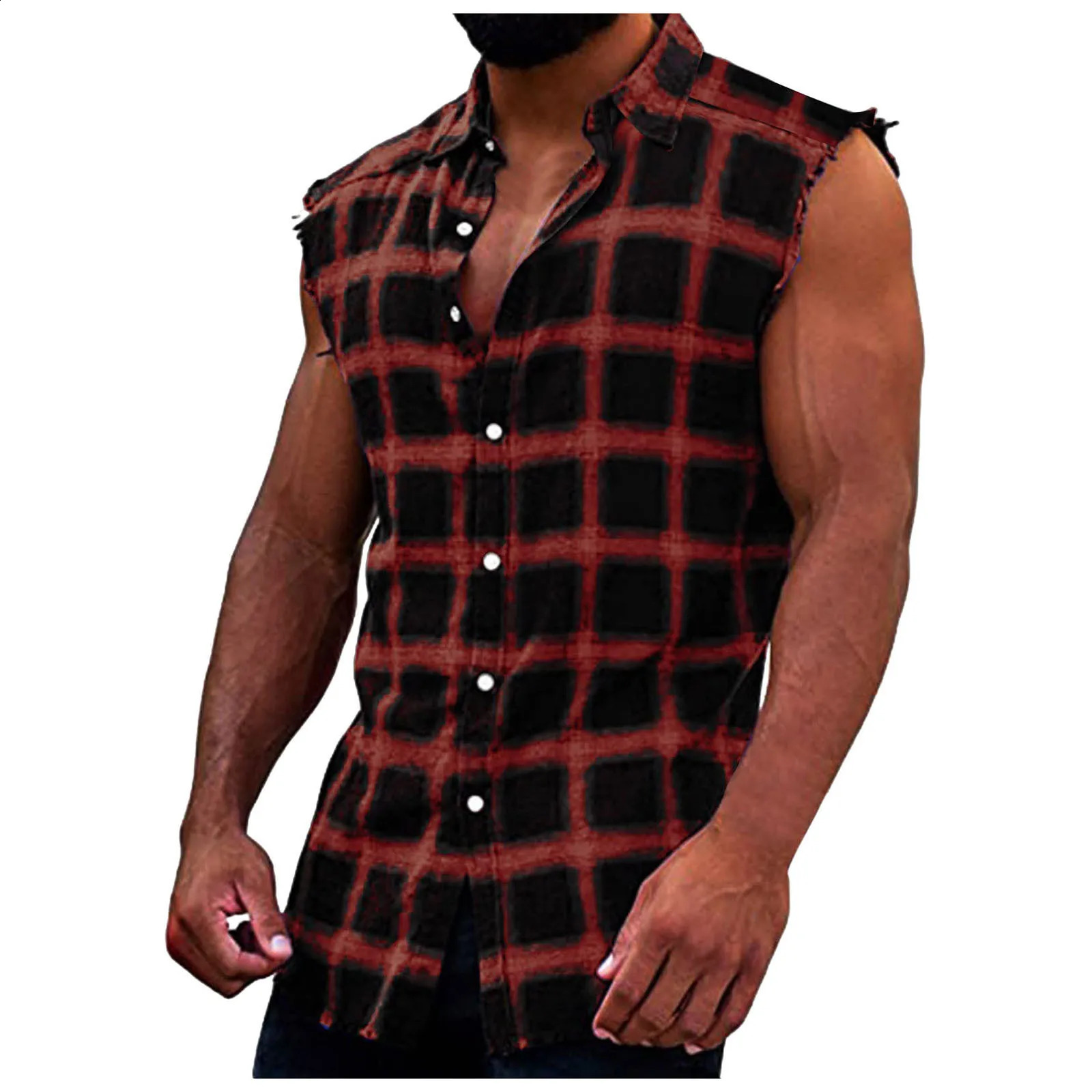 Mens sleeveless flannel vest casual loose button denim flat top up shirt plus size Camiseta Masculina Playeras 250322Z