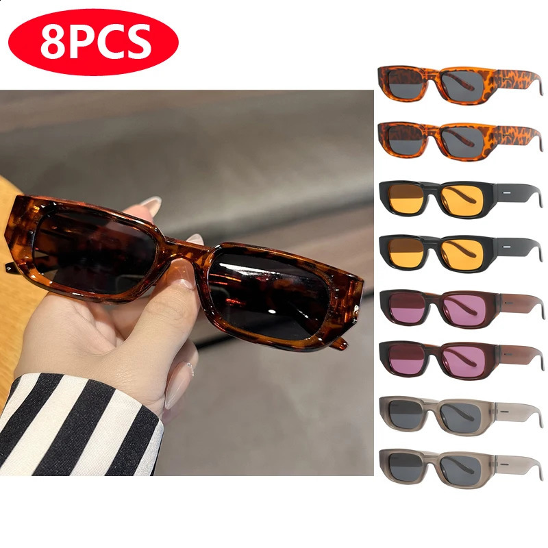 8-piece rectangular sunglasses set for womens fashion retro UV resistant sunglasses UV400 INS style neutral glasses 250328