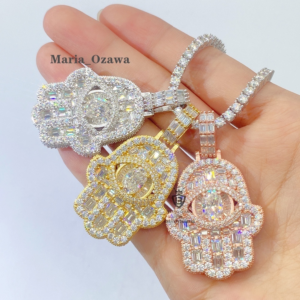 Fashion New Design Oval Eye Hamsa Hand Pendant Necklace Wholesale Custom Fancy Shape Vvs Moissanite Pendant
