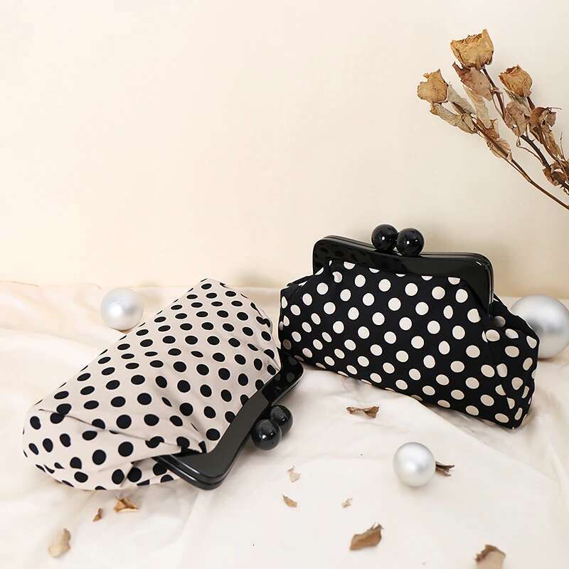 Polka Dot Crossbody Bag Kiss Lock Top-Handle Handbag Chain Strap Vintage Purse Shell Evening Women Shoulder Clasp Gift