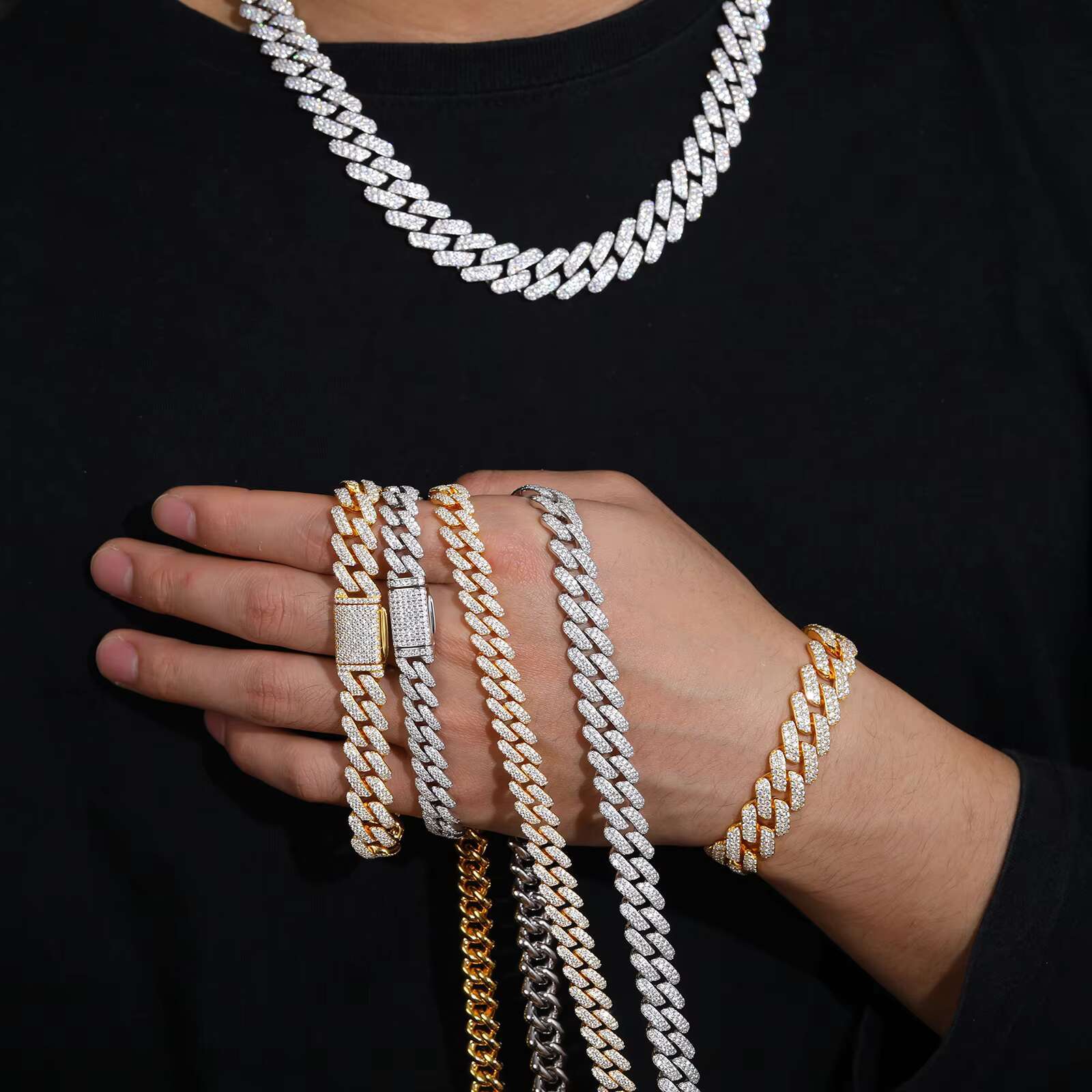 Denser and Thicker 10mm 12mm 14mm 925 Sterling Silver VVS Moissanite Diamond Iced Out Cuban Link Chain Necklace Hip Hop Jewelry