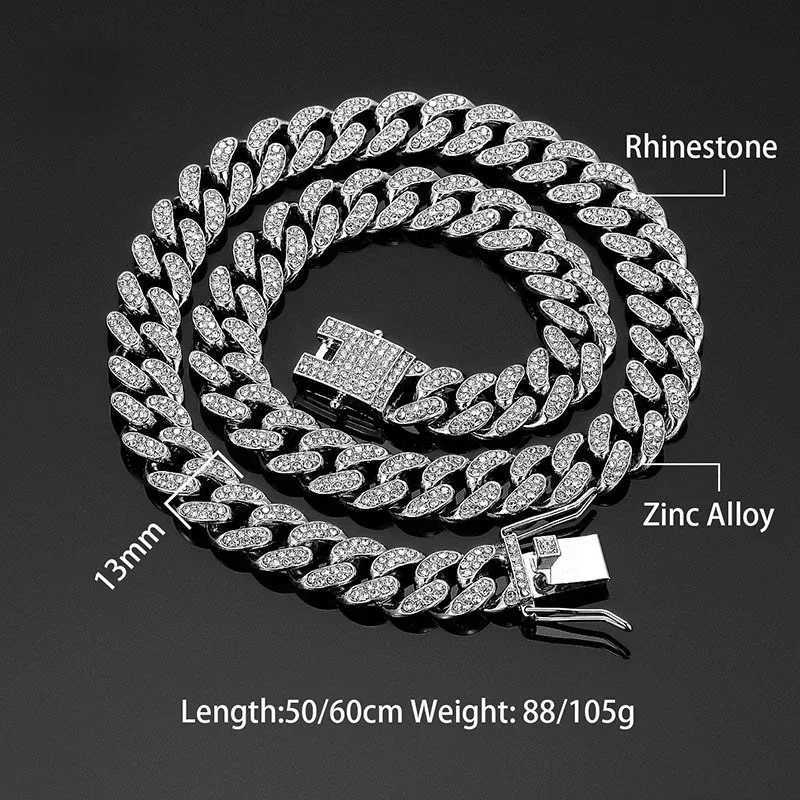 Hip Hop Shining 13MM Cuban Link Chain Necklace/Bracelet Silver Water Diamond Ice Out Cuban Chain Punk Jewelry Necklace Gift Y250329