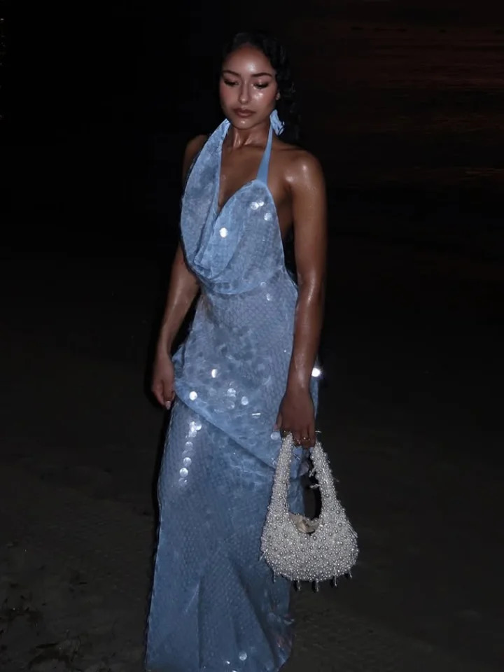 Big Sequin Fish Tail Dress Halter Sexy Glitter Backless Hanging Neck Beach Long Dresses Lace Up Slim Fit Women Robes Summer 250328