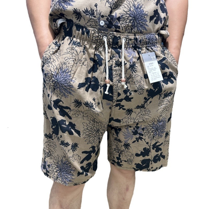New Style Free Delivery Designer Bag Printed beach pants for men, casual 5-point long ethnic style, elephant color, drifting cotton and linen shorts, 