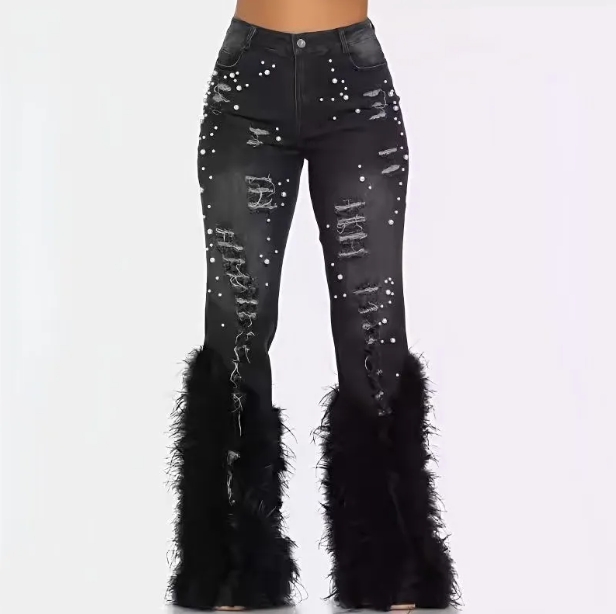 Womens Jeans Beads Tassel Holes Vitnage Feather Pants High Waist Y2K Streetwear Casual Denim Pant Spring Skinny Hollow Out Trousers
