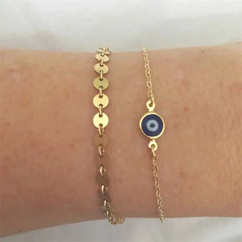 Simple Design Turkish Evil Eye Charm Bracelet for Women Boho Lucky Gold Color Copper Chain Adjustable Bracelet Summer Jewelry Z250329