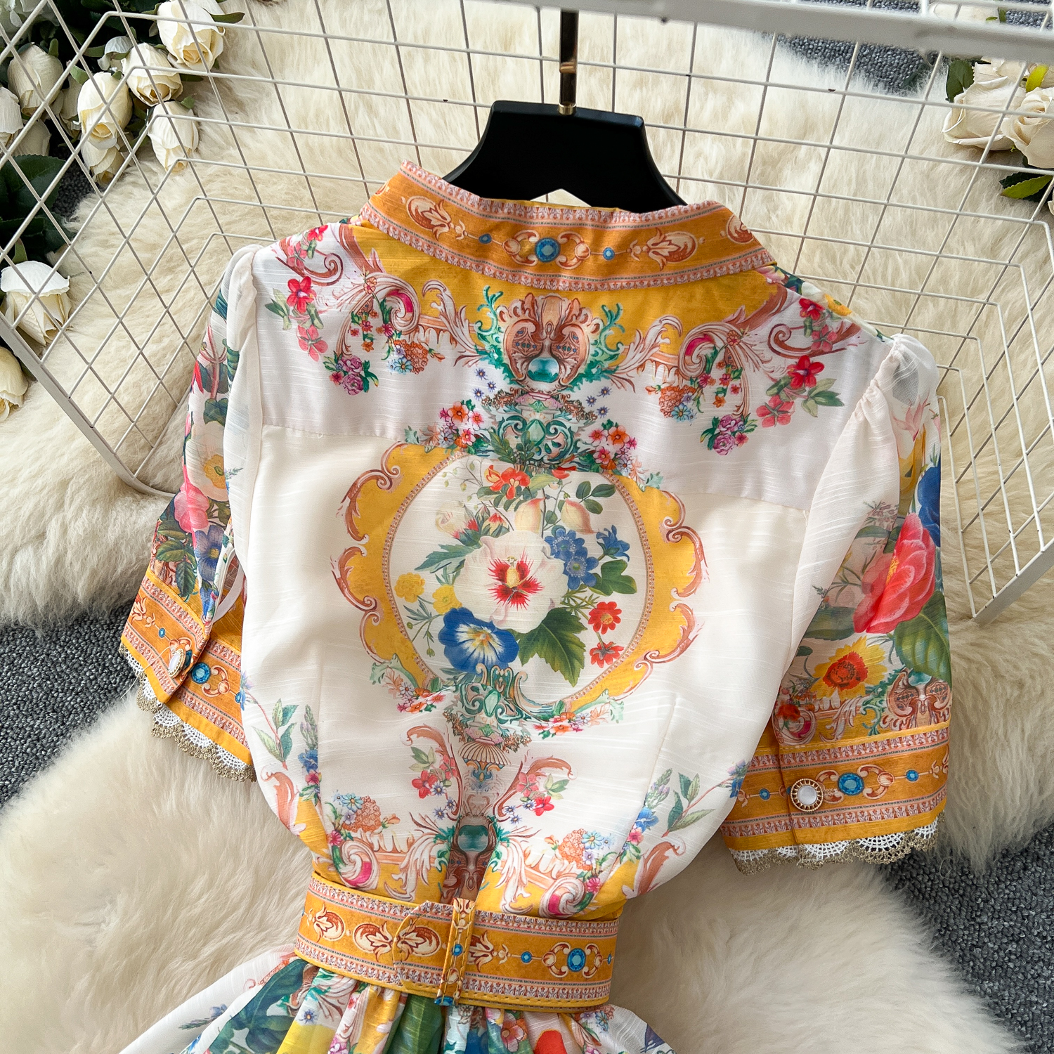 Spring Casual Dresses Summer Runway Lace Splicing Maxi Dress Womens Notched Short Sleeve Single Breasted Floral Print Belt Long Boho Party Vestidos 20