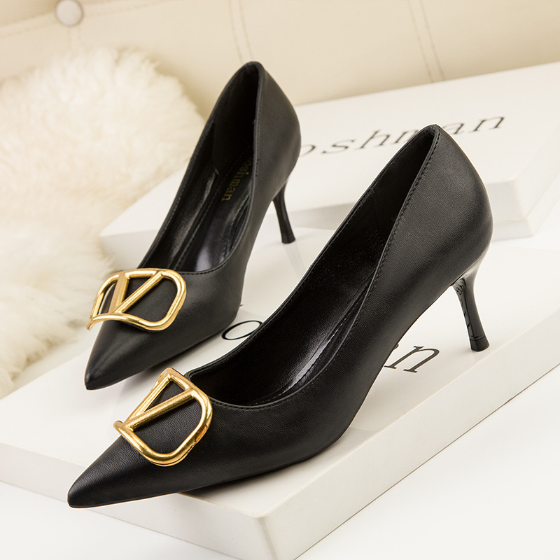 2025 European and American style fashionable professional women's shoes thin heels high heels shallow mouth pointed toes slimming metal square bu