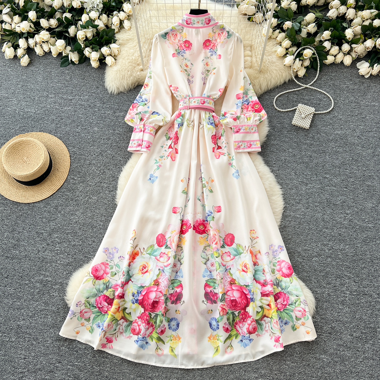 Basic Casual Dresses 2025 Spring Fashion Gorgeous Long Dress Women Clothing Stand Long Lantern Sleeve Floral Print Single Breasted Belt Maxi Vestidos
