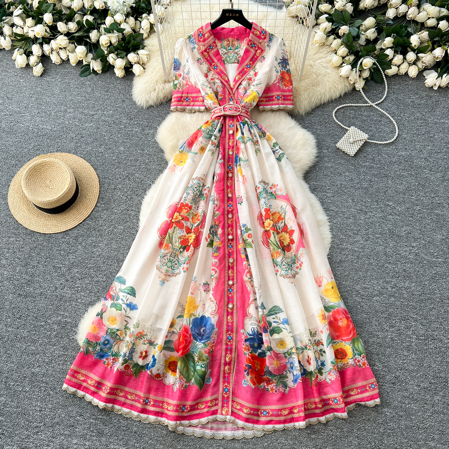 Spring Casual Dresses Summer Runway Lace Splicing Maxi Dress Womens Notched Short Sleeve Single Breasted Floral Print Belt Long Boho Party Vestidos 20