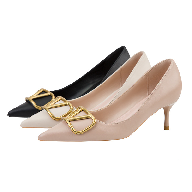 2025 European and American style fashionable professional women's shoes thin heels high heels shallow mouth pointed toes slimming metal square bu