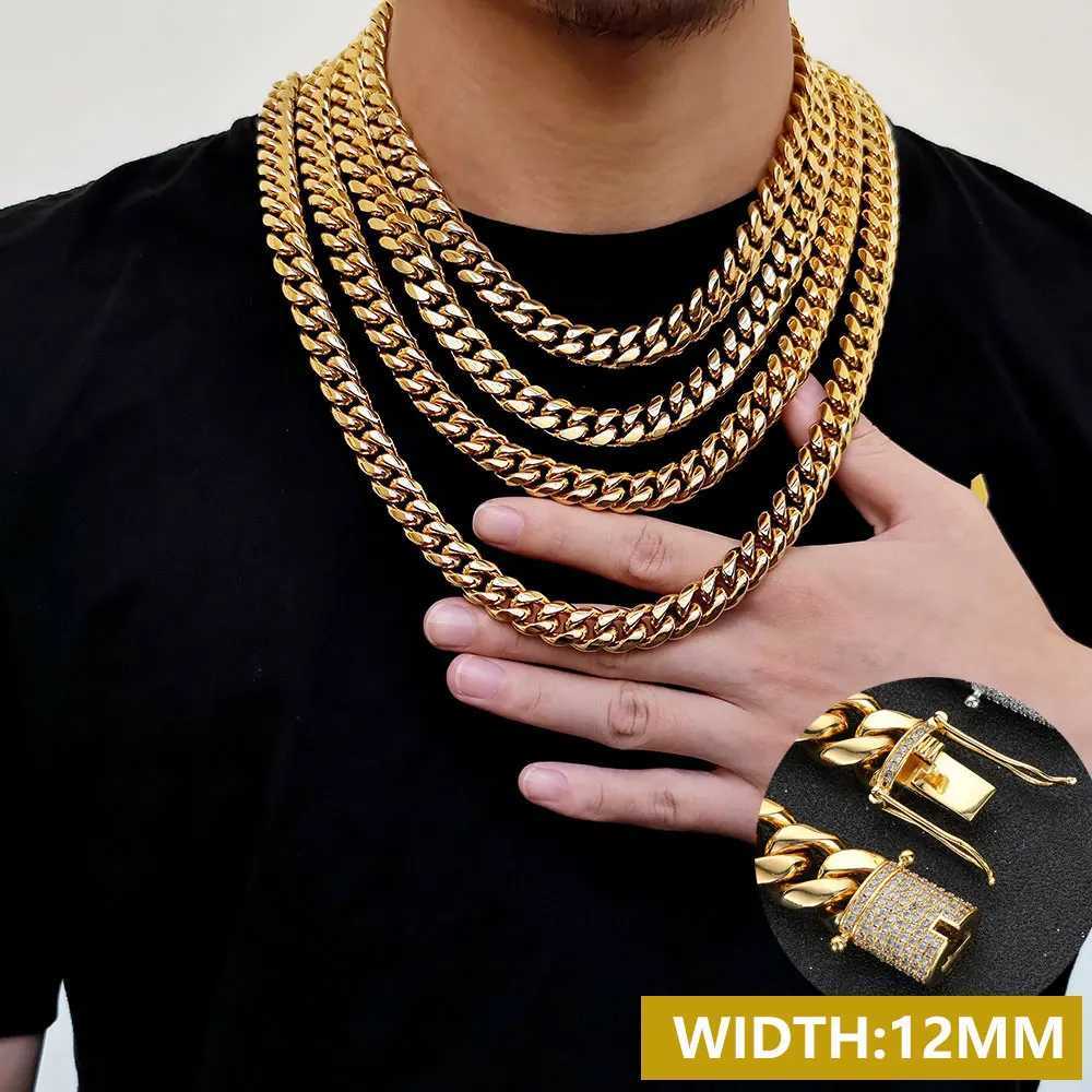 6-16mm Ice Buckle Cuban Chain Miami Stainless Steel Necklace Hip Hop Jewelry Gift Y250329