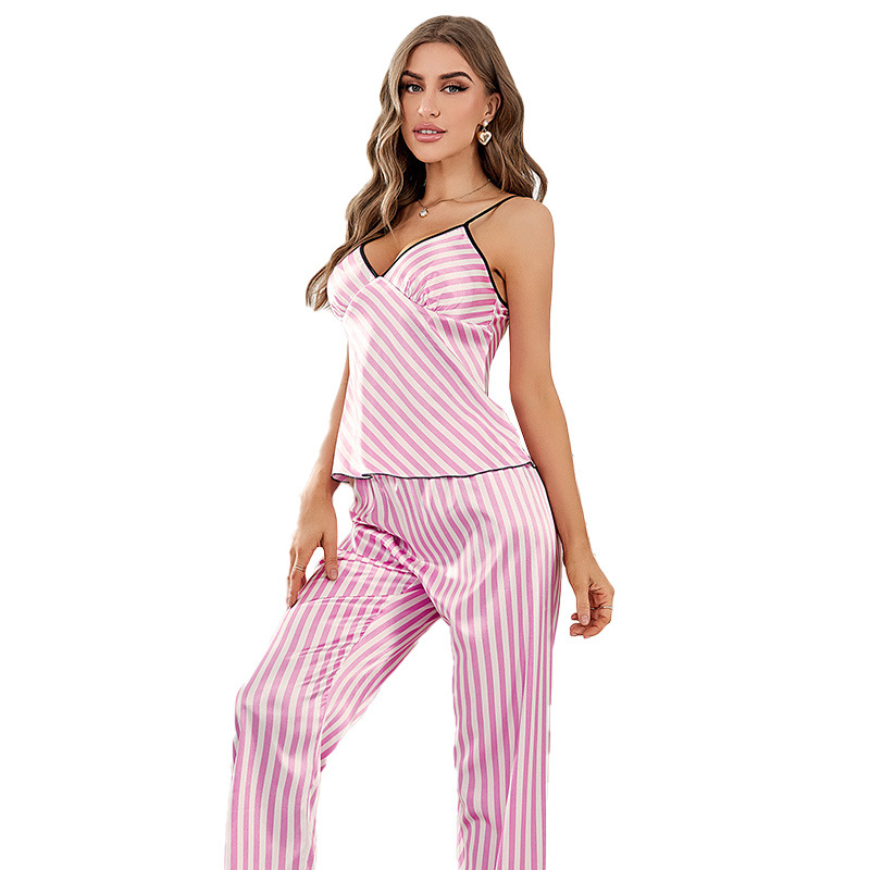 wholesale new ice silk home wear women thin breathable suspension vest pant set small fresh striped pajamas woman