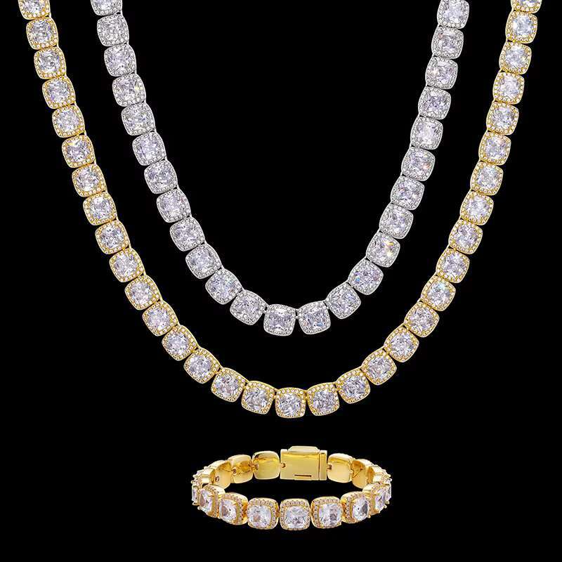 Hip Hop Jewelry Mens Pink Style 11mm Gold Plated Sterling Sier Cushion Cut VVS Moissanite Dia Tennis Chain Necklace