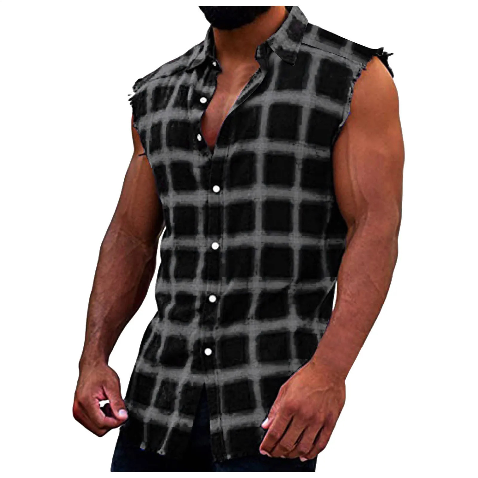 Mens sleeveless flannel vest casual loose button denim flat top up shirt plus size Camiseta Masculina Playeras 250322Z