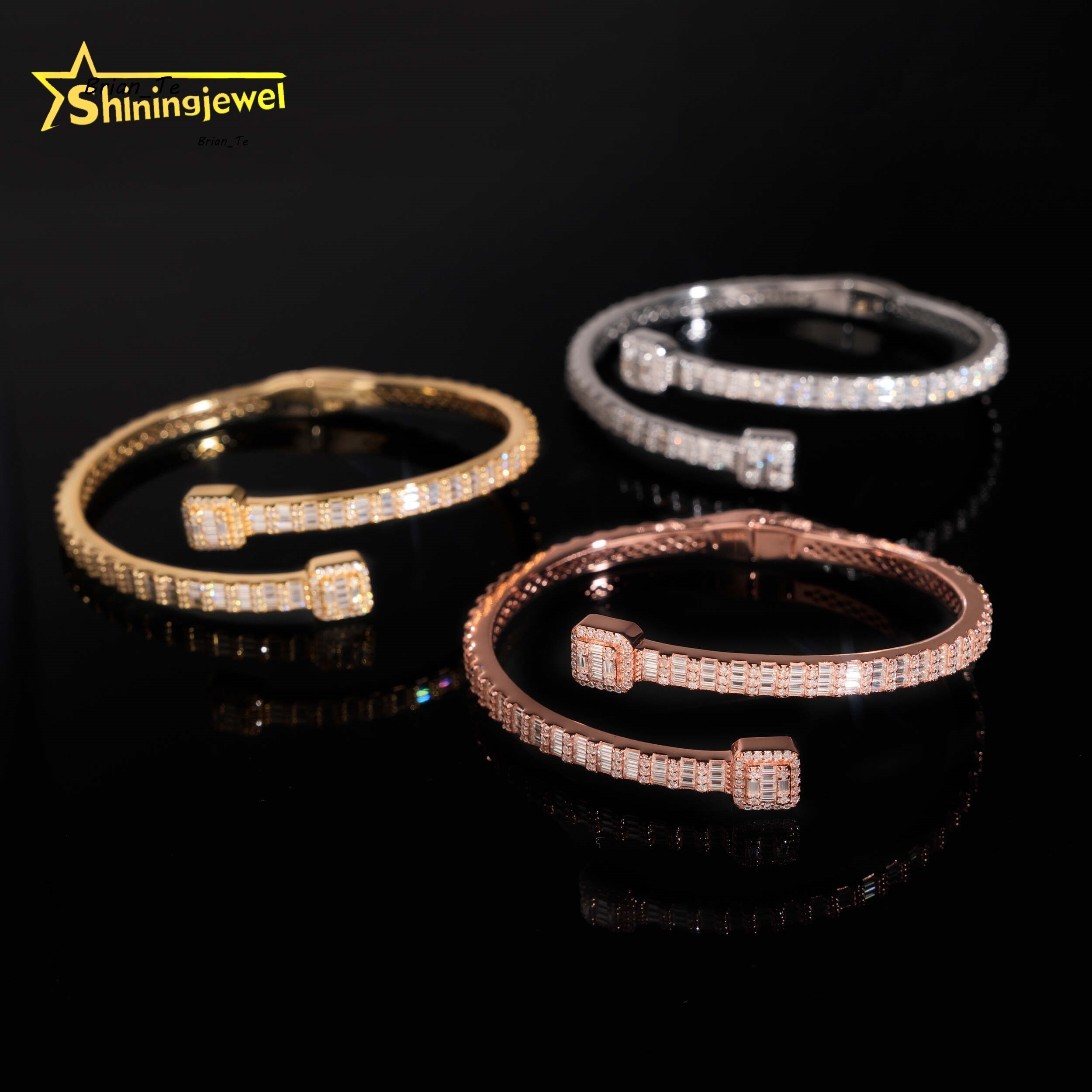 Worldwide Shipping Fine Jewelry Trendy S925 Silver Gold Plated VVS Baguette Moissanite Diamond Bangle Bracelet