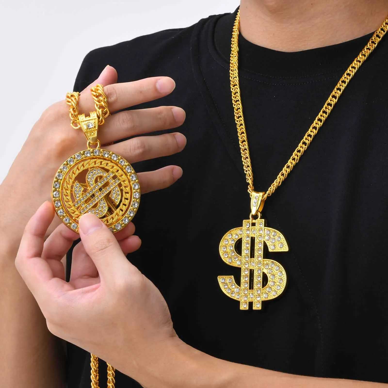Mens gold dollar signature necklace with Cuban chain hip-hop currency dollar pendant necklace music festival party gift jewelry Y250329