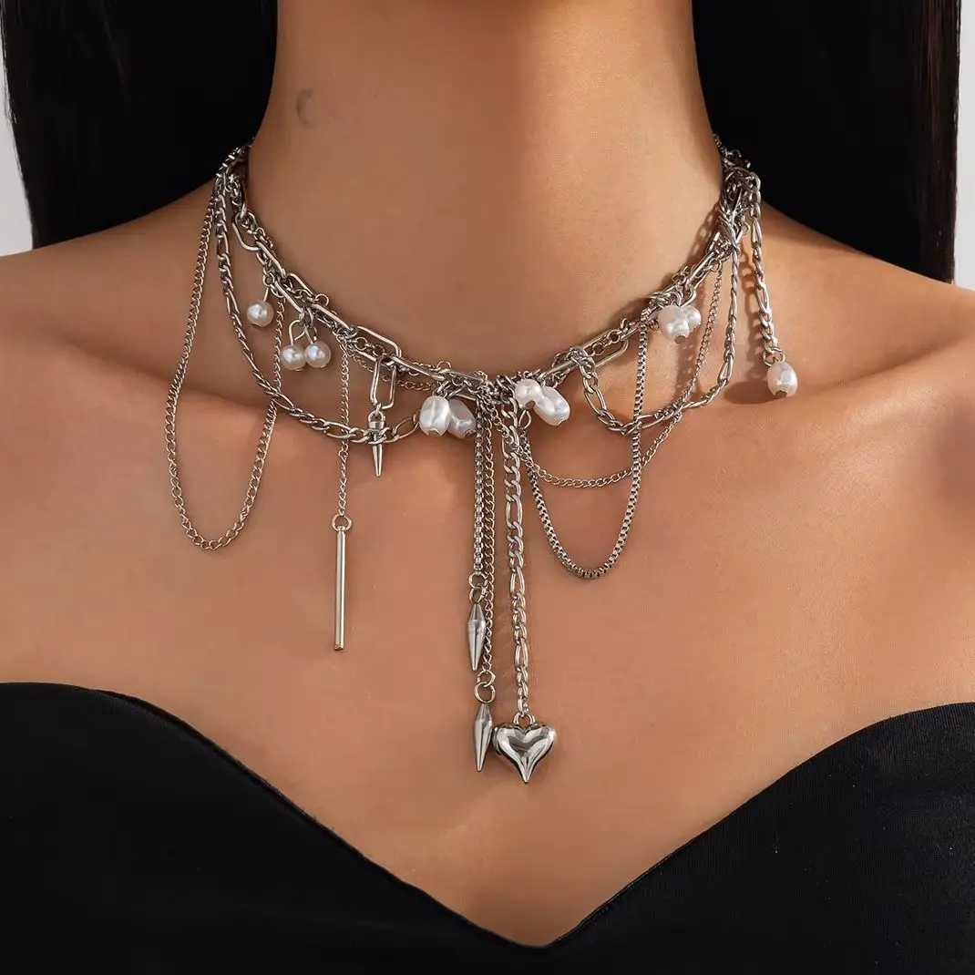 Ingemark Multi layer Tassel Love Heart Pendant Necklace Female Trend Punk Silver Metal Chain Party Jewelry Gift Y250329